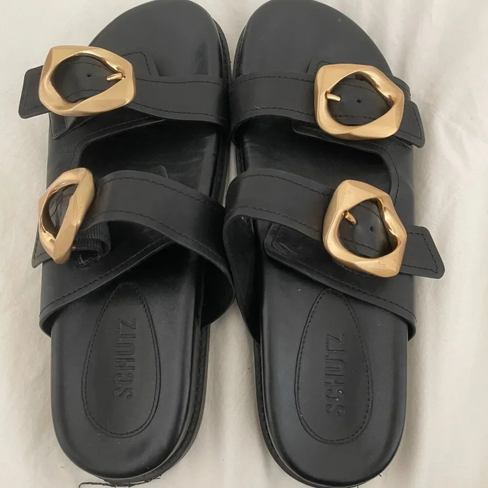 Schutz Black and Gold Sandals Size 9.5 - Picture 3 of 5